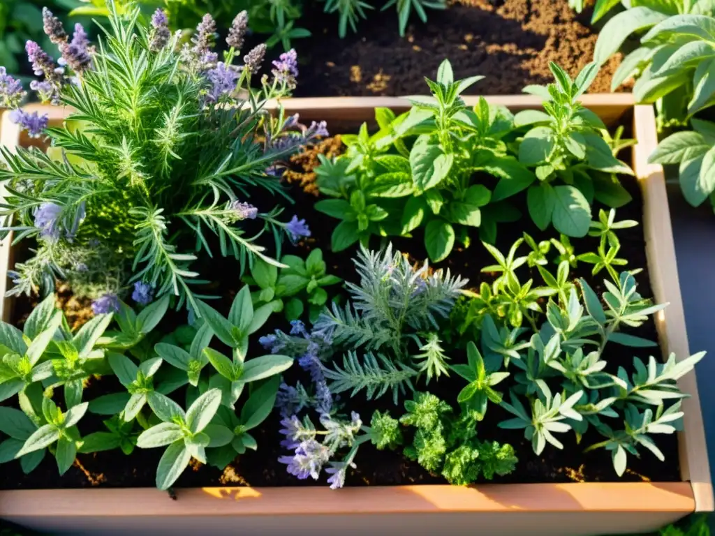 Un jardín de hierbas permaculturales rebosante de vida, con una variedad de plantas aromáticas en lechos elevados