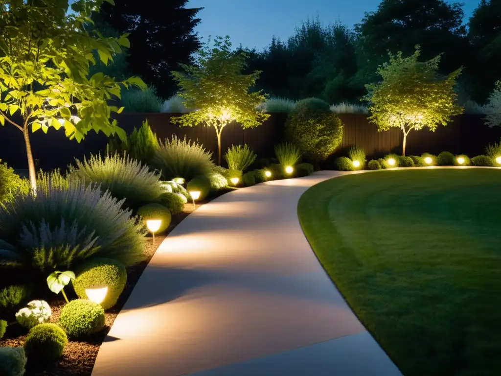 Un jardín iluminado de forma sostenible al atardecer, resaltando la belleza natural