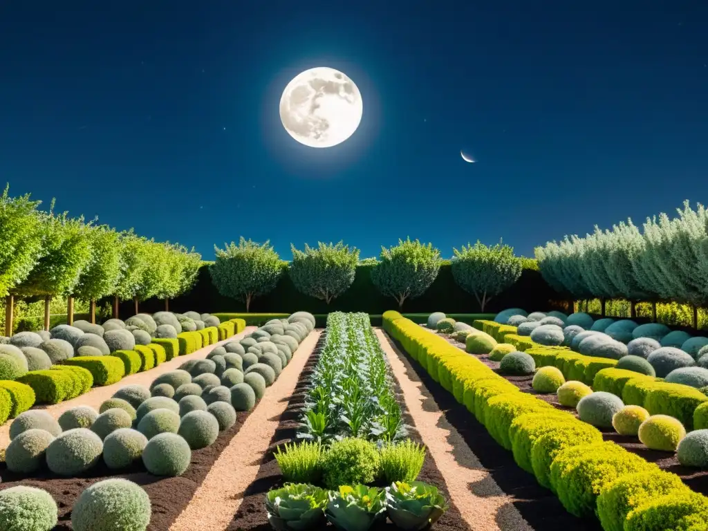 Un jardín iluminado por la luna llena, resaltando la influencia del ciclo lunar en la jardinería ecológica