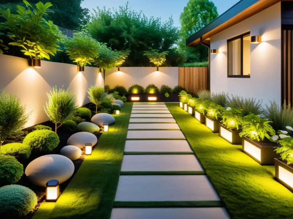 Un jardín moderno iluminado con soluciones de iluminación exterior sostenible, creando un ambiente acogedor y sofisticado