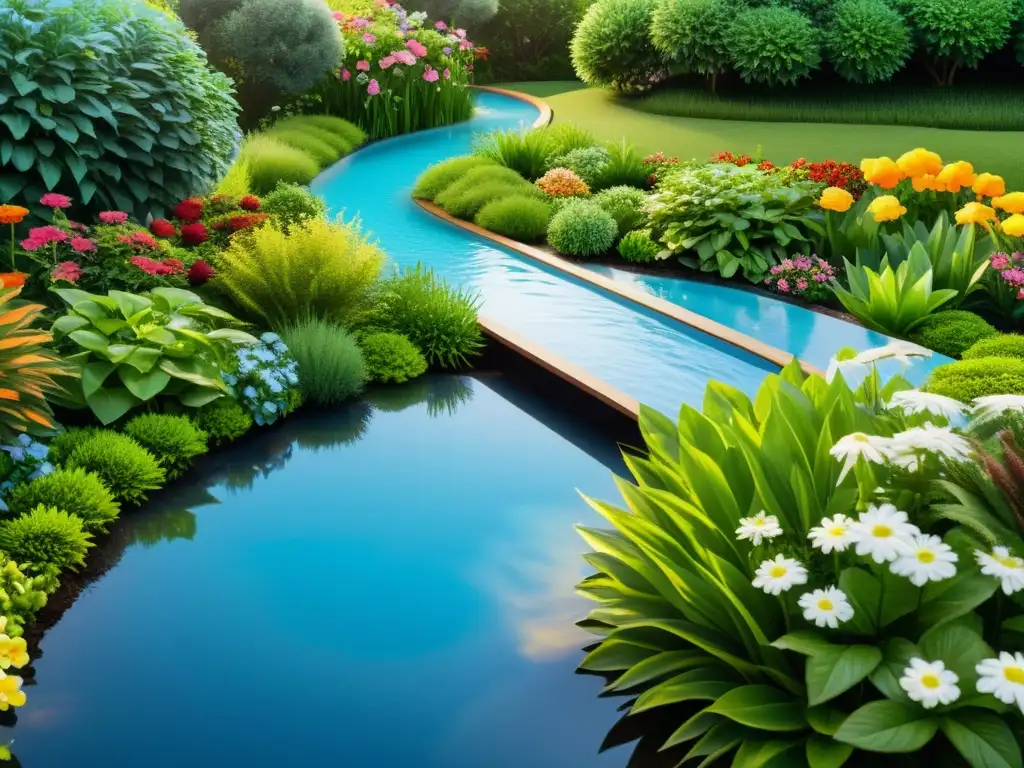 Un jardín sereno con agua cristalina fluyendo en un arroyo rodeado de plantas verdes y flores coloridas