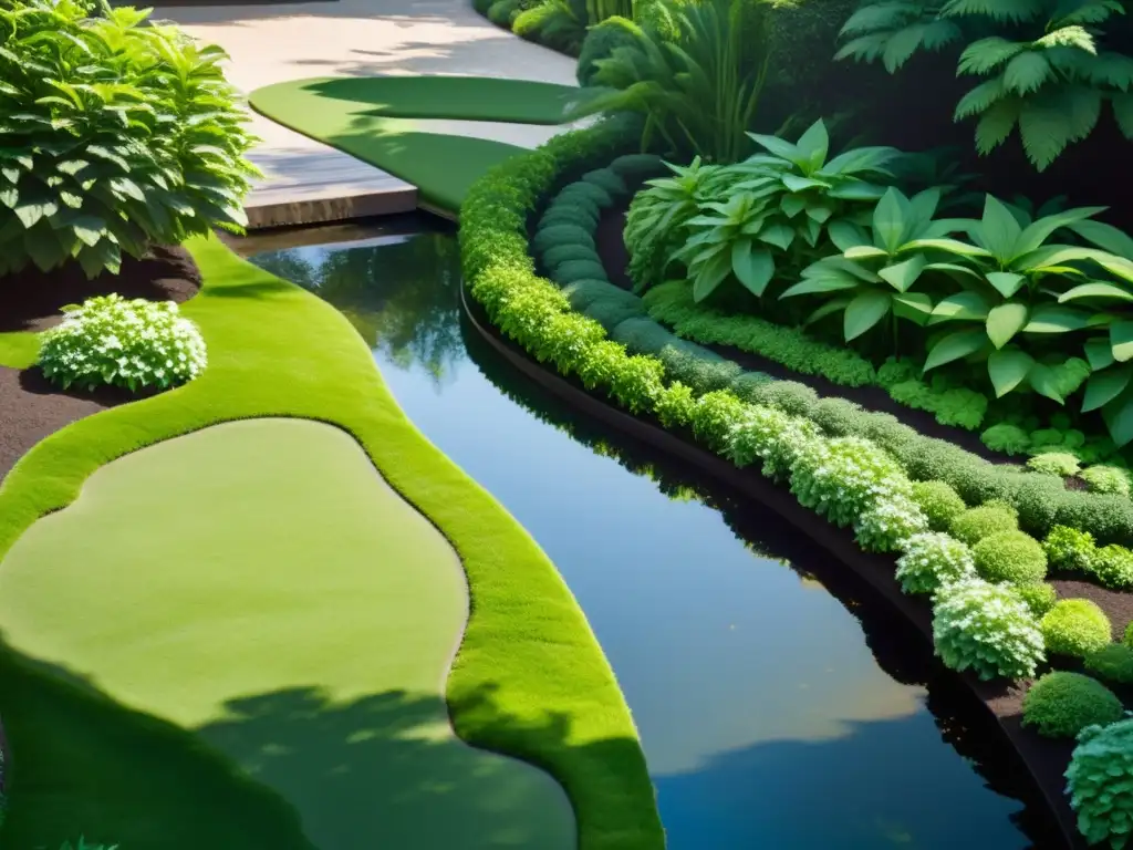 Un jardín sereno con un arroyo cristalino entre exuberante vegetación