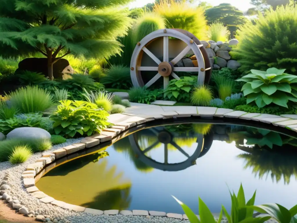 Un jardín sereno con estanque, rueda de agua y paisaje exuberante, capturando la energía hidráulica en paisajismo sostenible