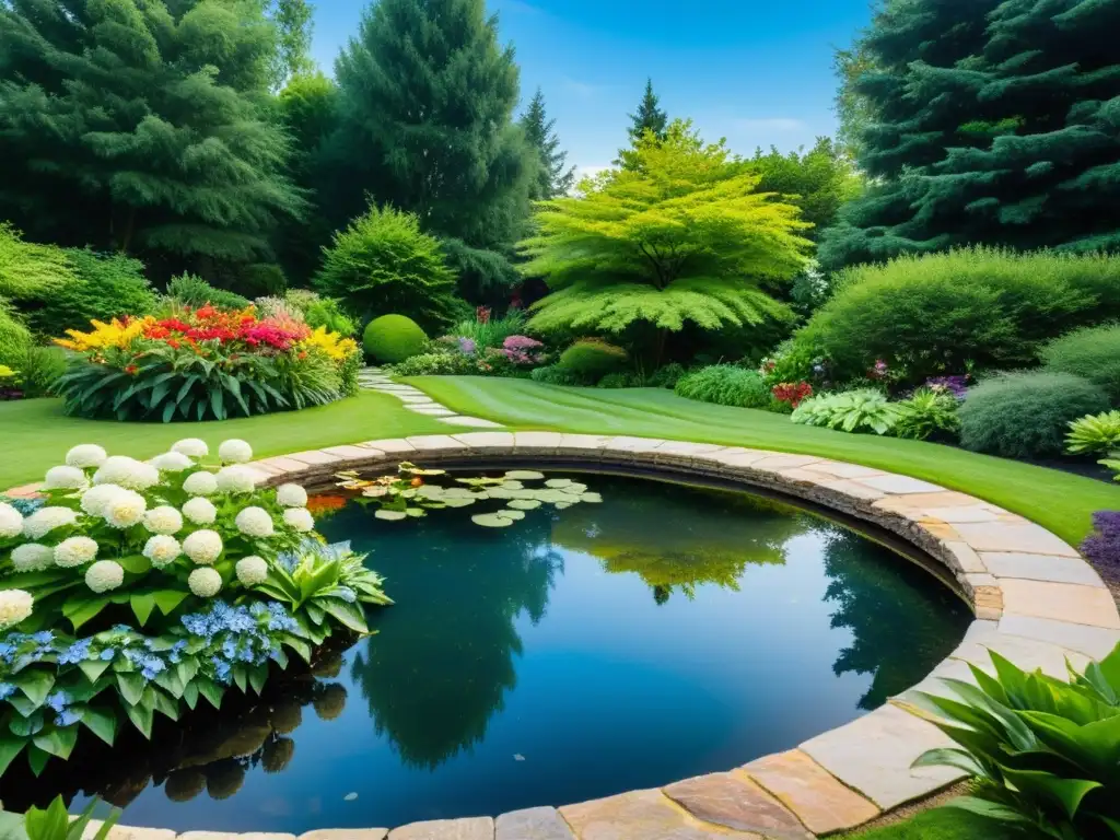 Un jardín sereno con un estanque cristalino rodeado de plantas exuberantes y flores coloridas, reflejando el cielo azul y la naturaleza vibrante