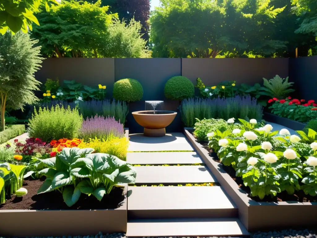 Un jardín sereno y minimalista con camas elevadas de vegetales y flores saludables, bañado por luz solar