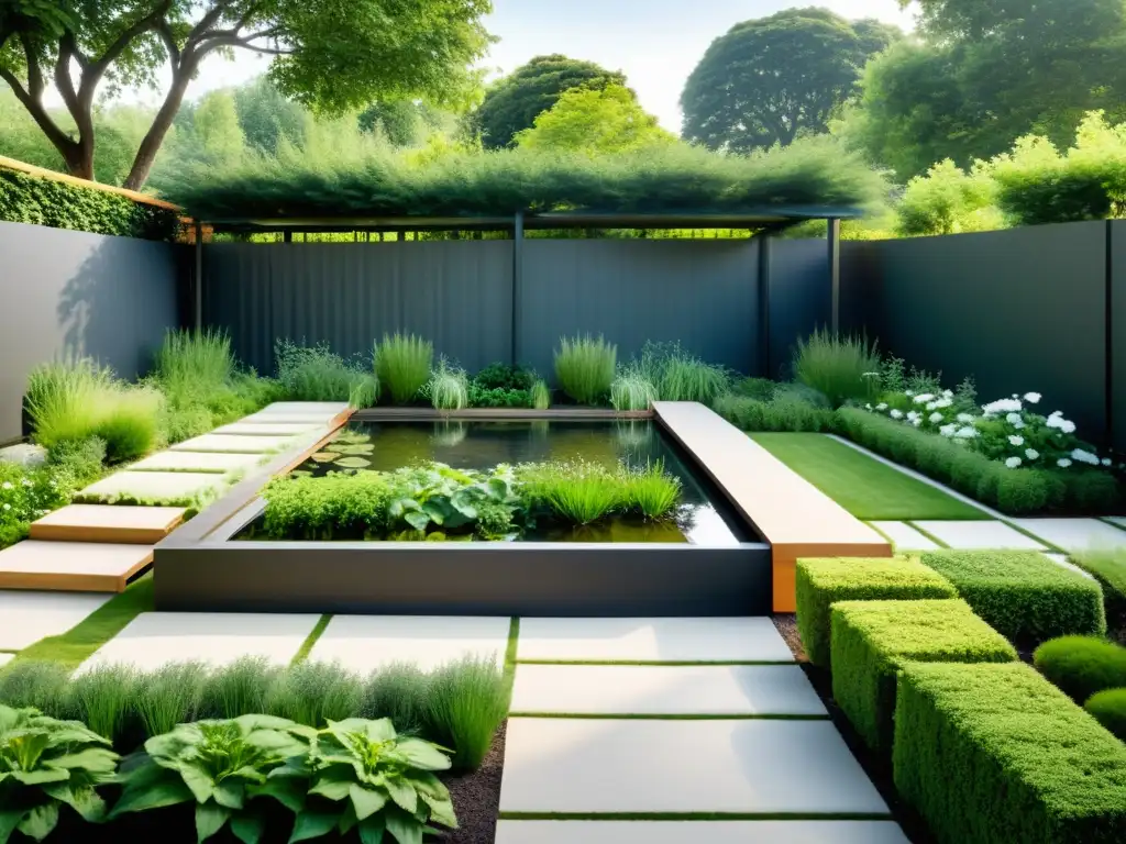 Un jardín sereno y minimalista con camas elevadas, un estanque y una pérgola, capturando la esencia del diseño de jardines autosuficientes