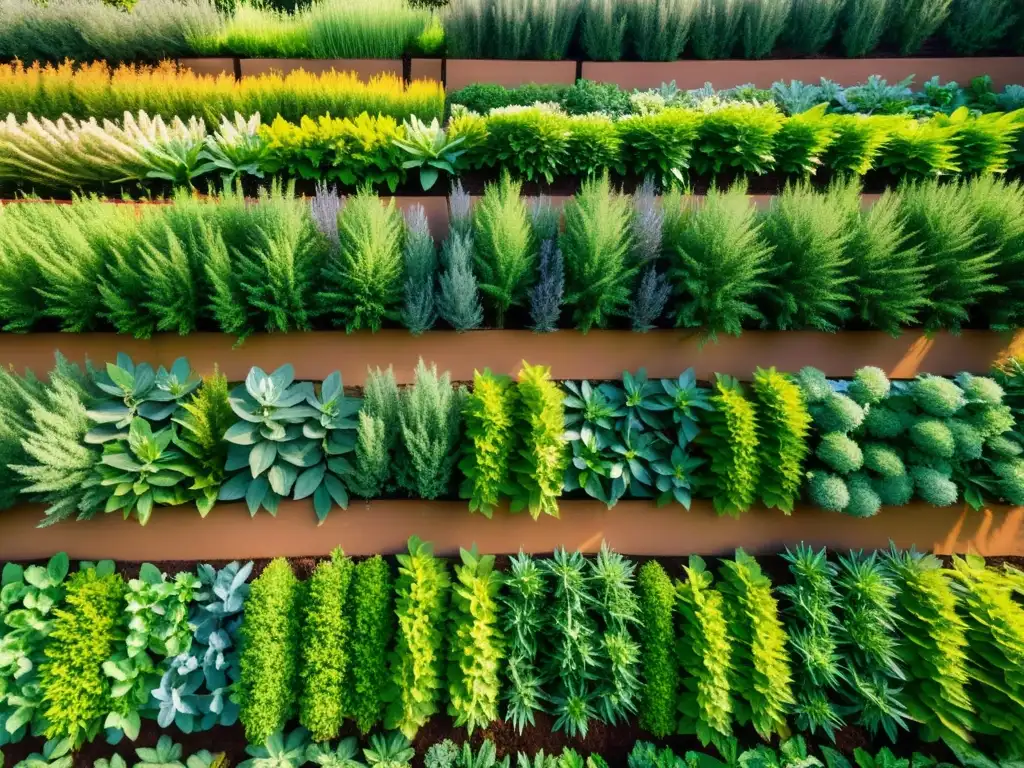 Un jardín sereno y minimalista con filas de plantas medicinales vibrantes, bañado por la luz del sol