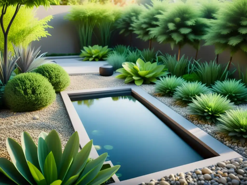 Un jardín sereno con sistema de riego de aguas grises, resalta la belleza natural y el enfoque ecoamigable