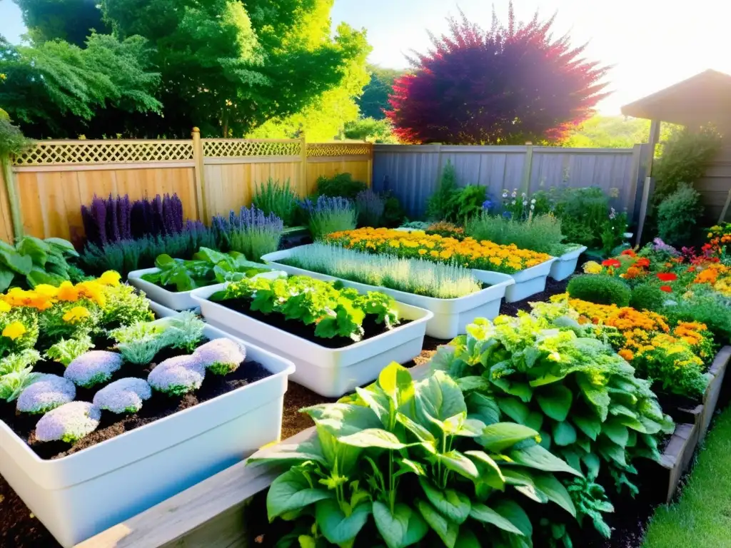 Un jardín sostenible y armonioso, lleno de plantas vibrantes y flores coloridas, bañado por la cálida luz del sol