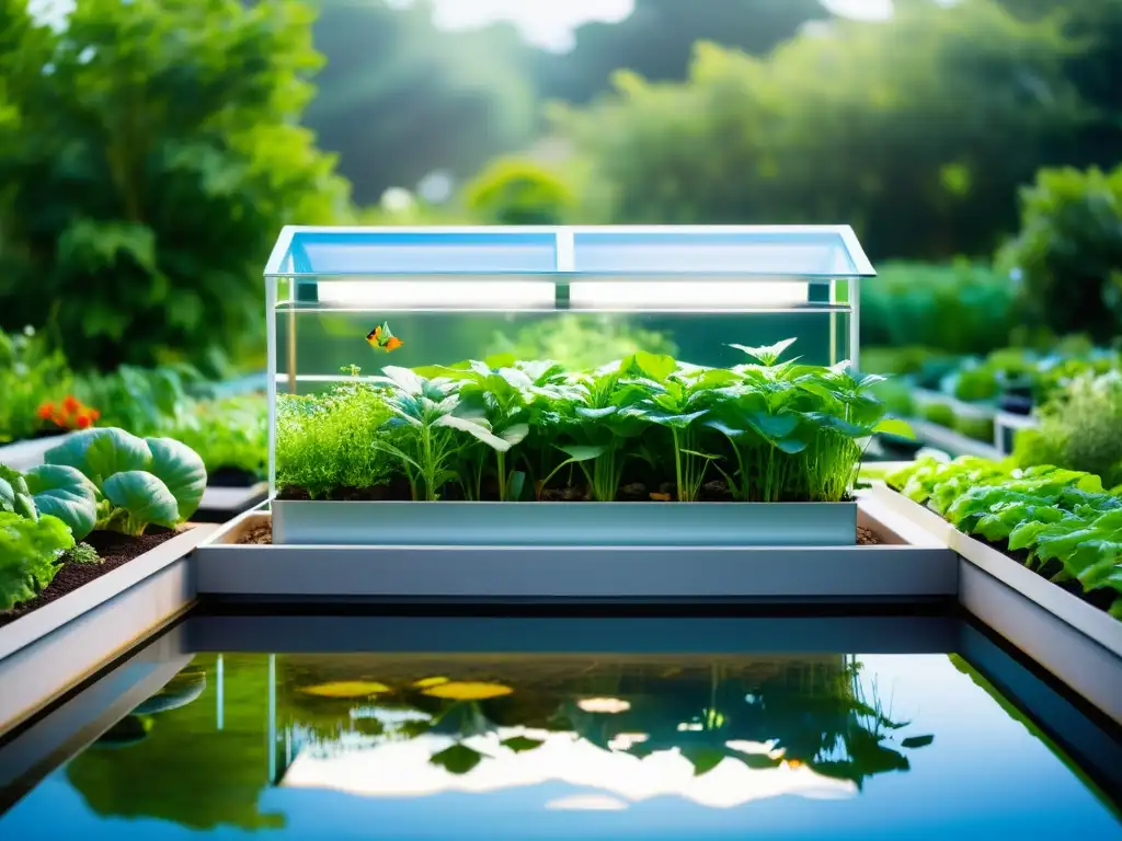 Un jardín sostenible integrando un sistema acuaponía, con verduras y hierbas vibrantes