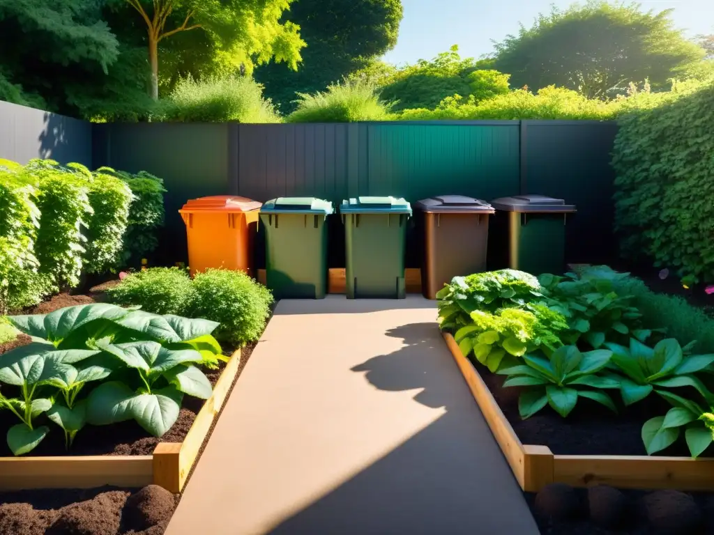 Un jardín sostenible y vibrante con compostaje cuidadosamente organizado, irradiando armonía y equilibrio en el cultivo sostenible del jardín