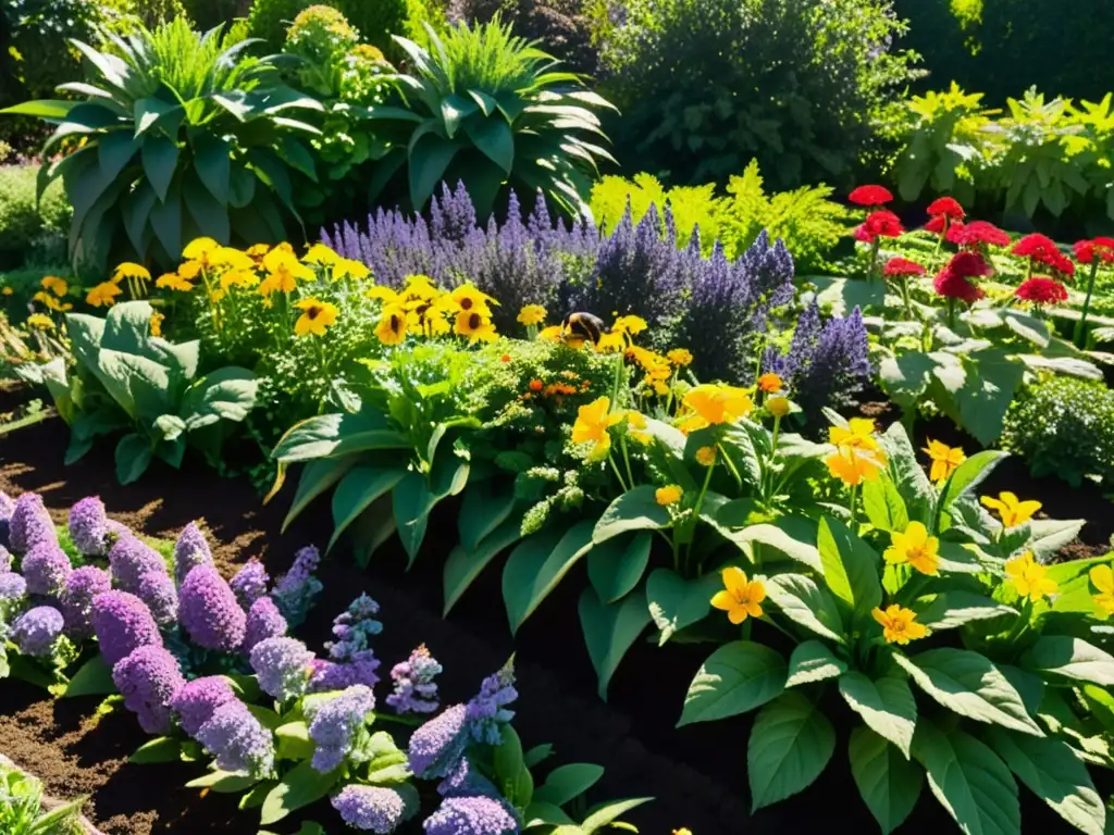 Un jardín sostenible y vibrante, lleno de vida y color, con plantas exuberantes, flores y vegetales