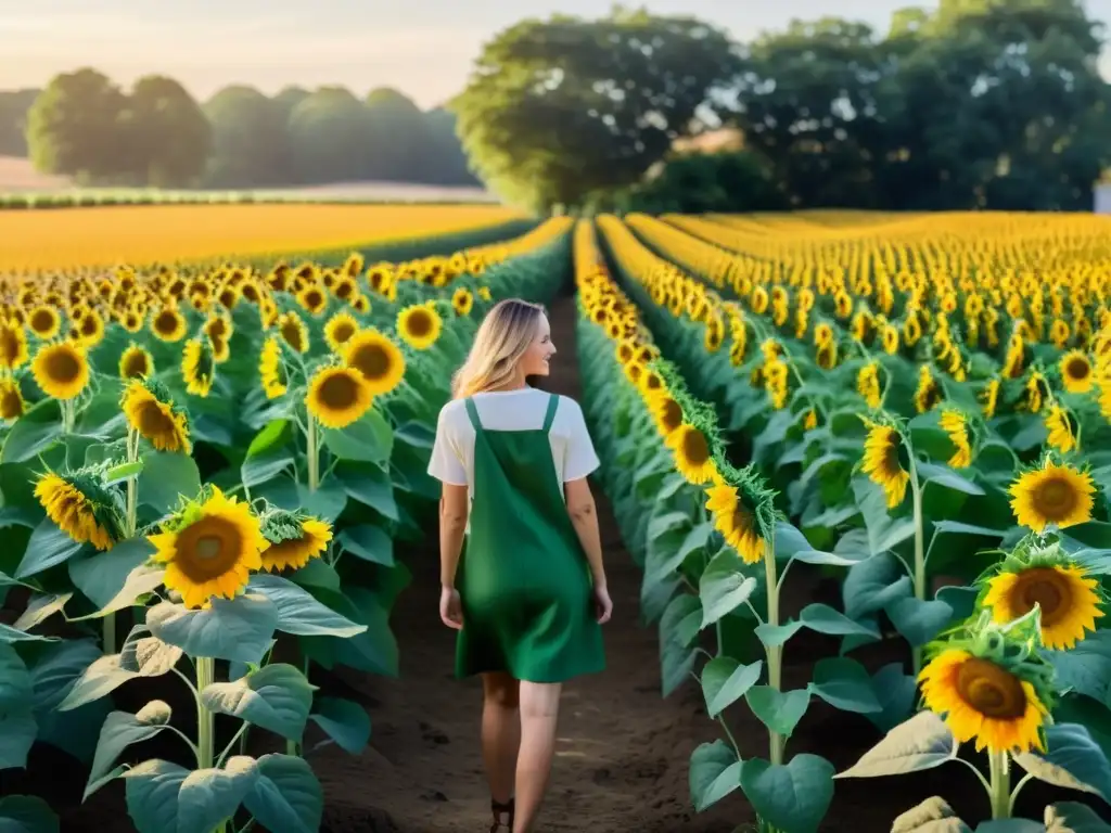 Jardín sostenible: girasoles, maíz y abejas en harmonía Un jardín trasero exuberante con filas ordenadas de girasoles vibrantes y altos tallos de maíz, bañados en luz dorada
