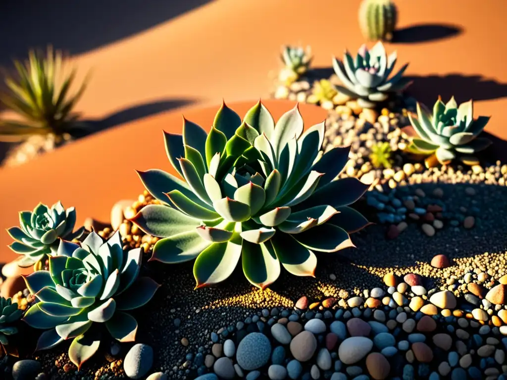 Jardinería en climas áridos sostenible: imagen de jardín de suculentas en un paisaje desértico, con luz solar dramática y plantas en primer plano