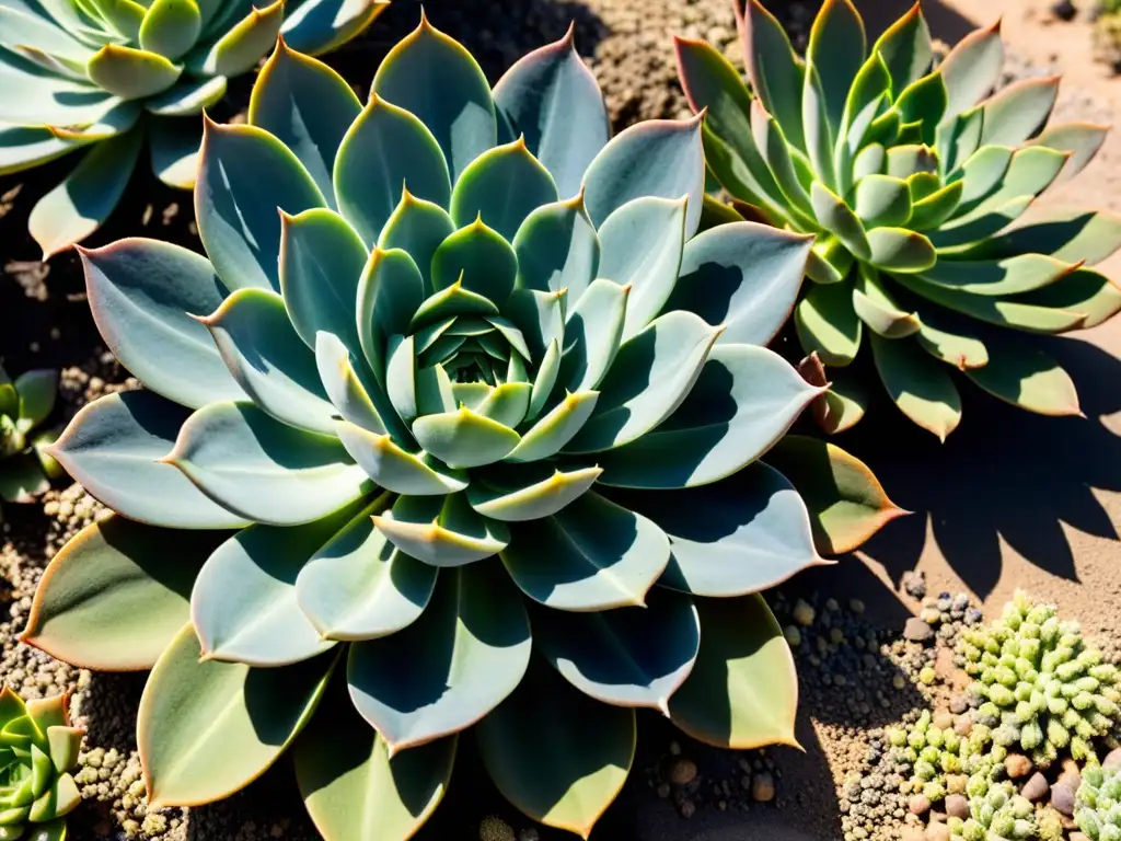 Jardinería en climas áridos sostenible: Imagen de un jardín de suculentas en un paisaje seco y árido, destacando su belleza y resiliencia