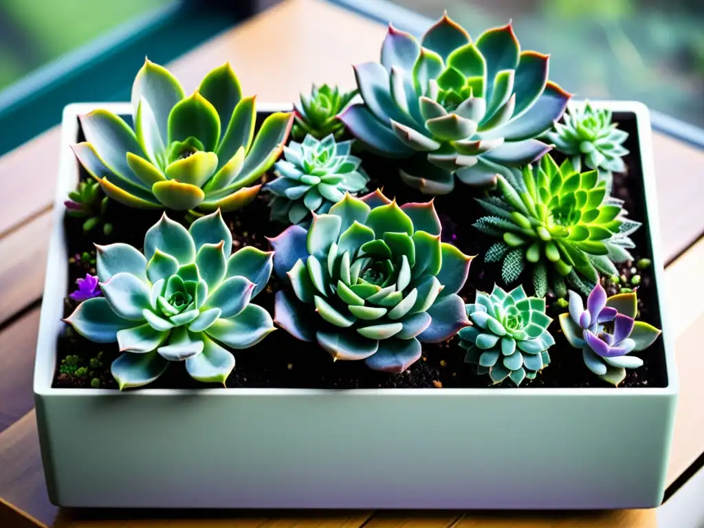 Jardinería sostenible con plantas suculentas en un jardín minimalista y elegante, resaltando la tranquilidad y la belleza natural