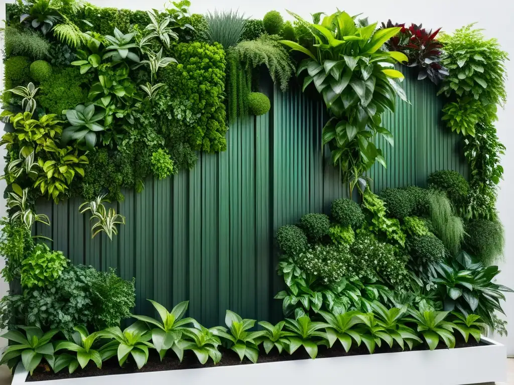 Jardinería vertical en hogar sostenible, moderno jardín con plantas verdes vibrantes en pared blanca