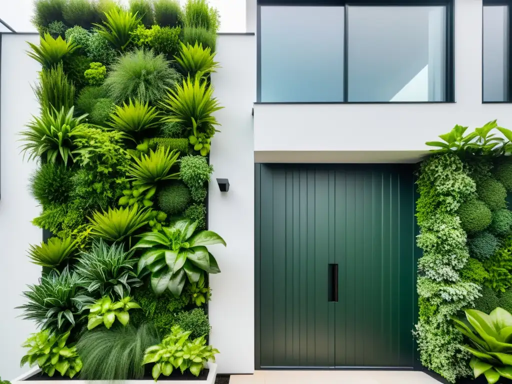 Jardinería vertical en un hogar sostenible: moderno jardín con plantas vibrantes en un muro blanco