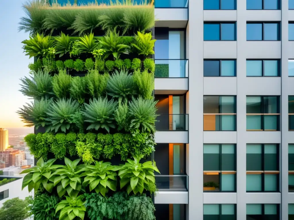 Jardinería vertical en hogar sostenible: jardín urbano con plantas verdes en pared moderna, iluminado por luz solar entre rascacielos