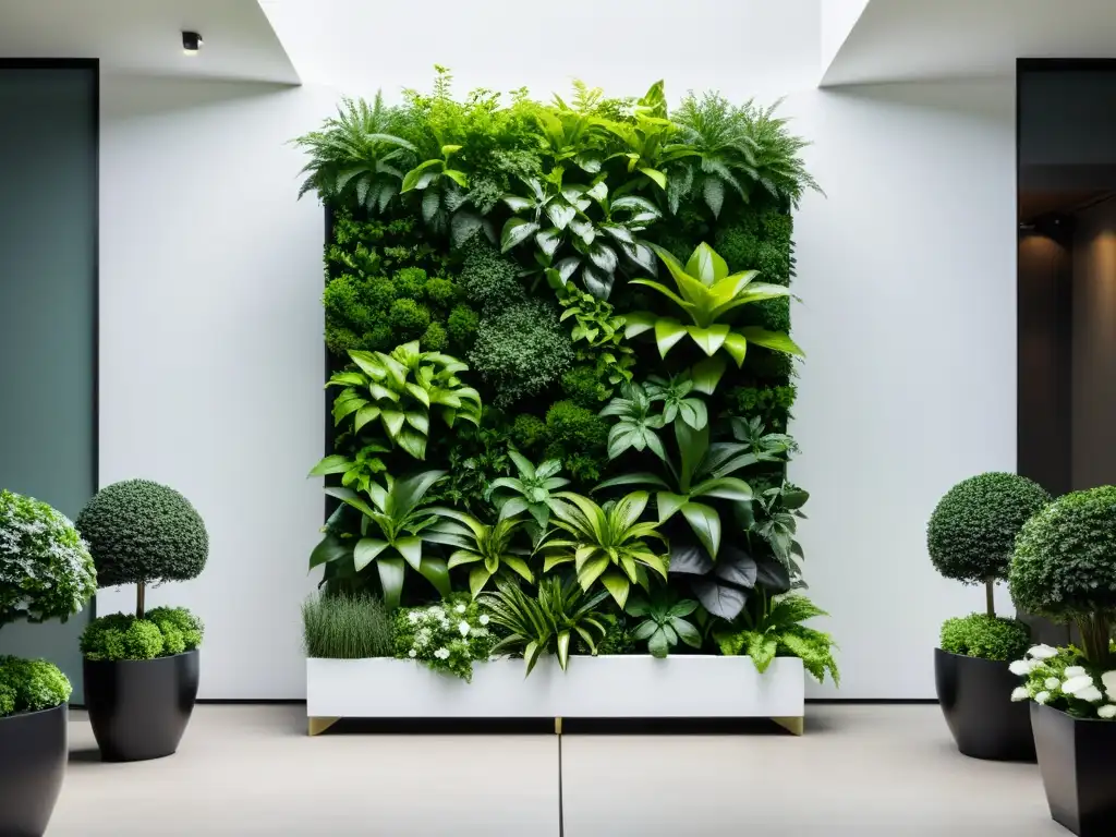 Jardinería vertical para un hogar sostenible: elegante jardín con plantas vibrantes en cascada sobre fondo blanco