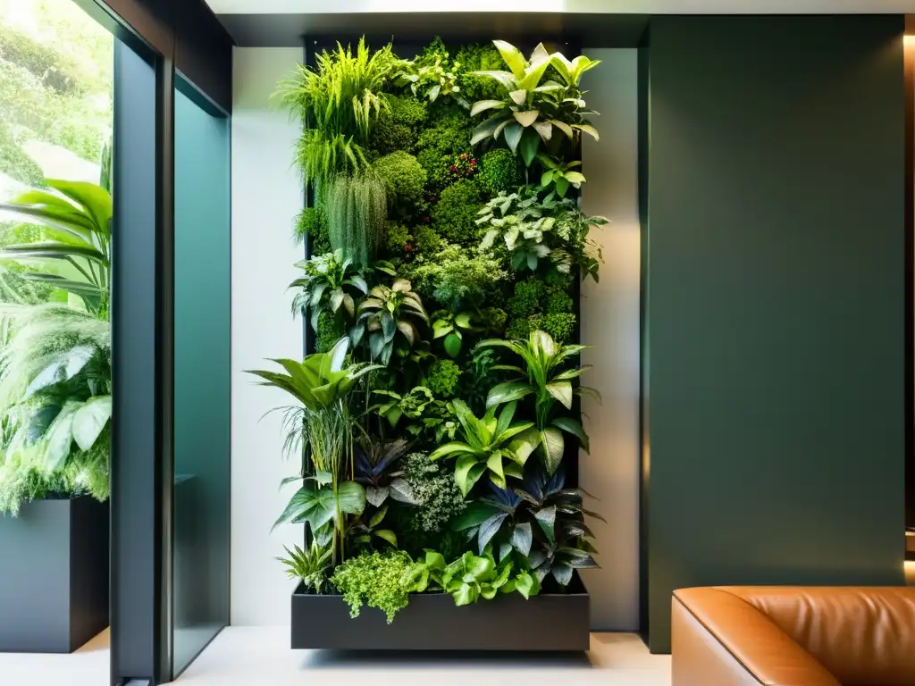 Jardinería vertical hogar sostenible: Detalle de jardín vertical moderno con exuberante vegetación en ambiente interior elegante