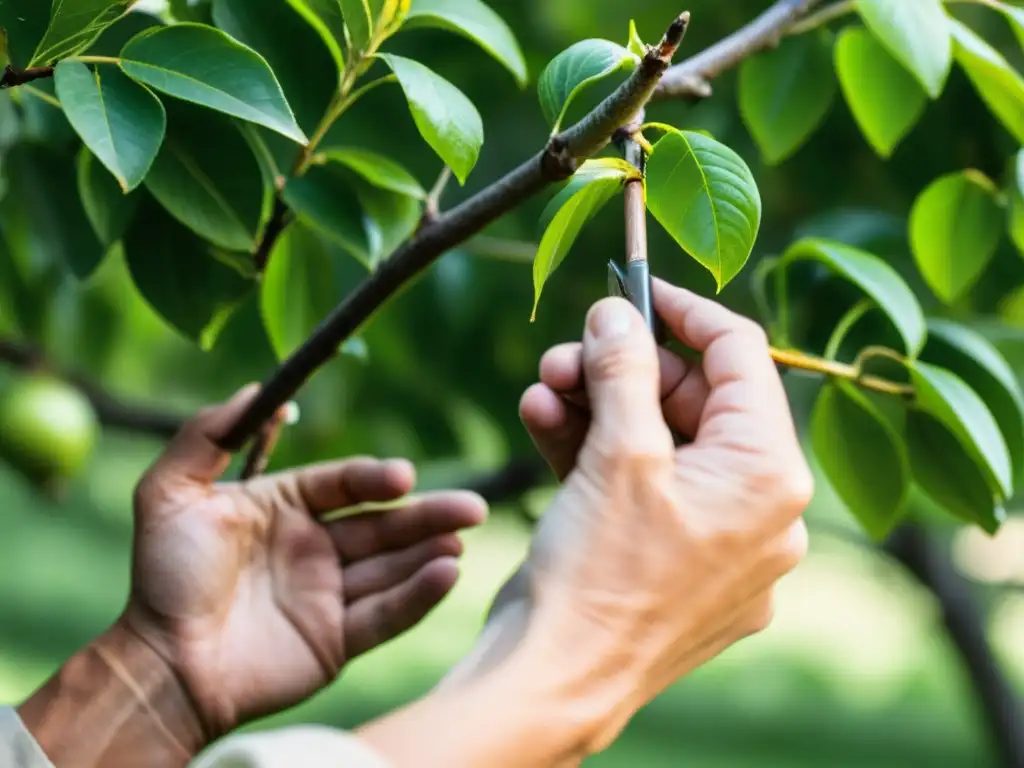 Un jardinero experimentado integra árboles frutales en jardín, podando con precisión en un entorno sereno y hermoso