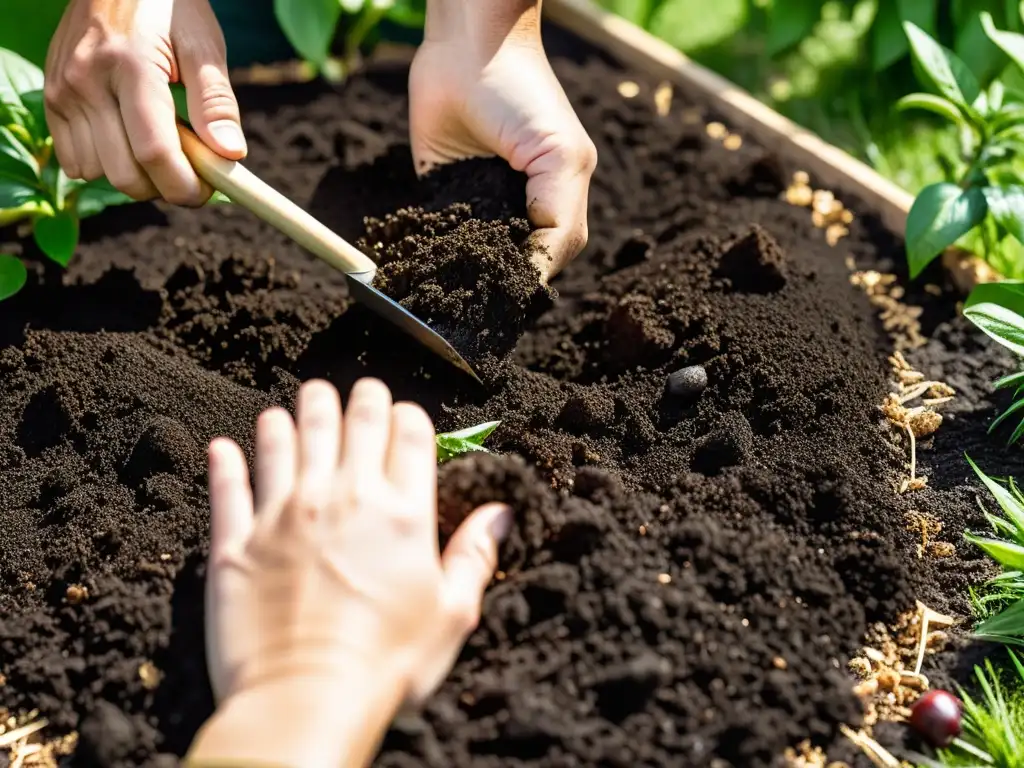 Un jardinero aplica mulch alrededor de un árbol frutal joven, cuidando cada detalle