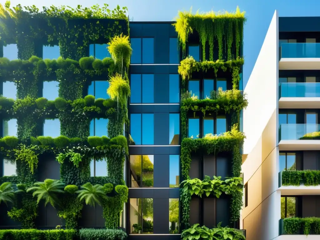 Jardines verticales diseño urbano sostenible: Fachada urbana con impactante jardín vertical creando armonía entre naturaleza y arquitectura moderna