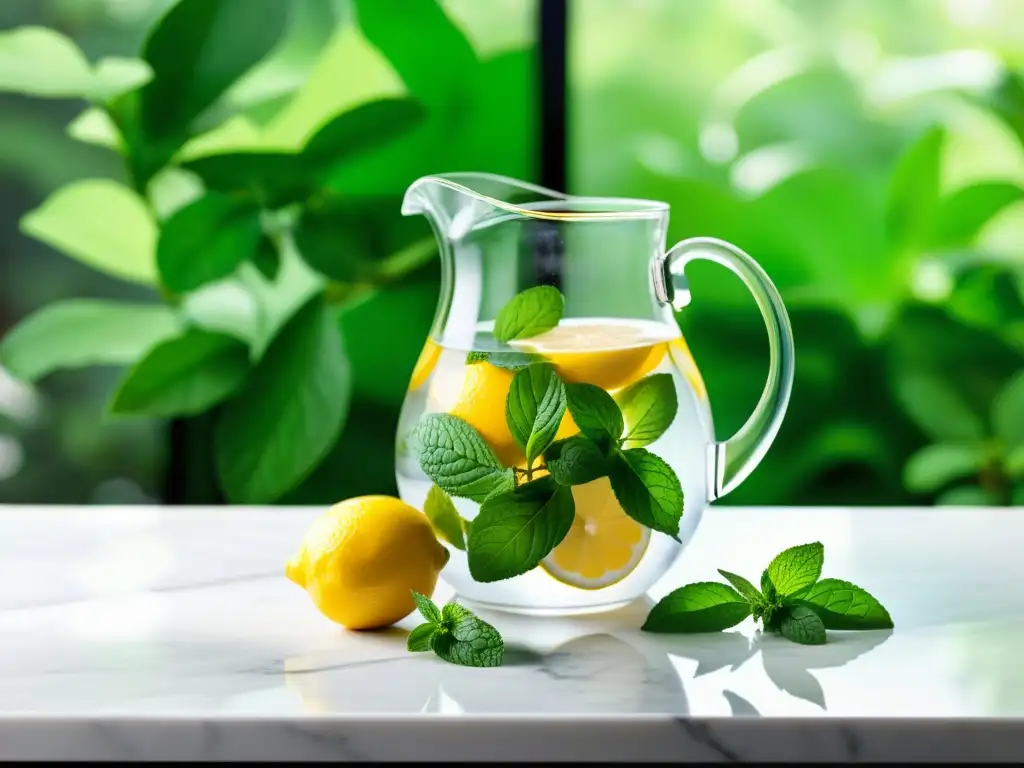 Una jarra de cristal con agua, hojas de menta y limón flotando en un refrescante ambiente natural