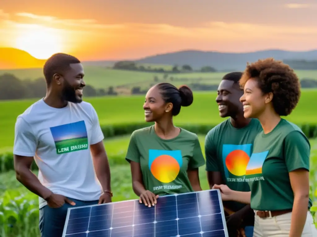 Jóvenes agentes de cambio en energías limpias, reunidos alrededor de una instalación solar en un campo verde al atardecer