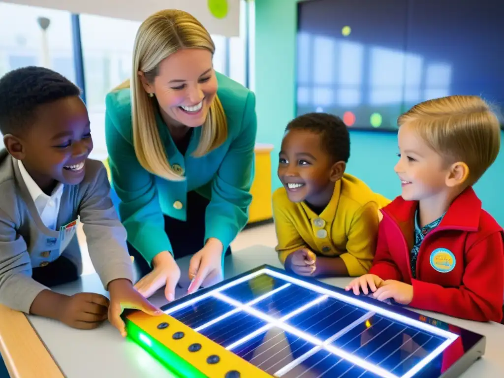 Juegos educativos de energía limpia: niños interactúan con panel solar en aula moderna y colorida