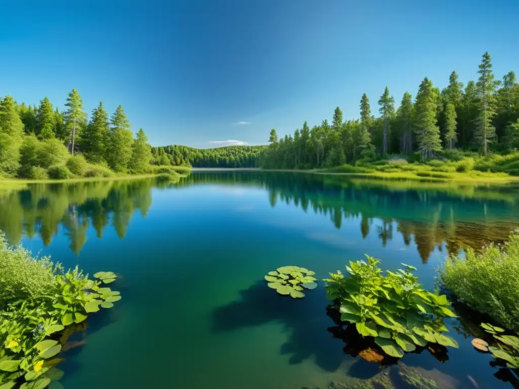 Un lago cristalino refleja el cielo azul vibrante, rodeado de exuberantes árboles y flores silvestres