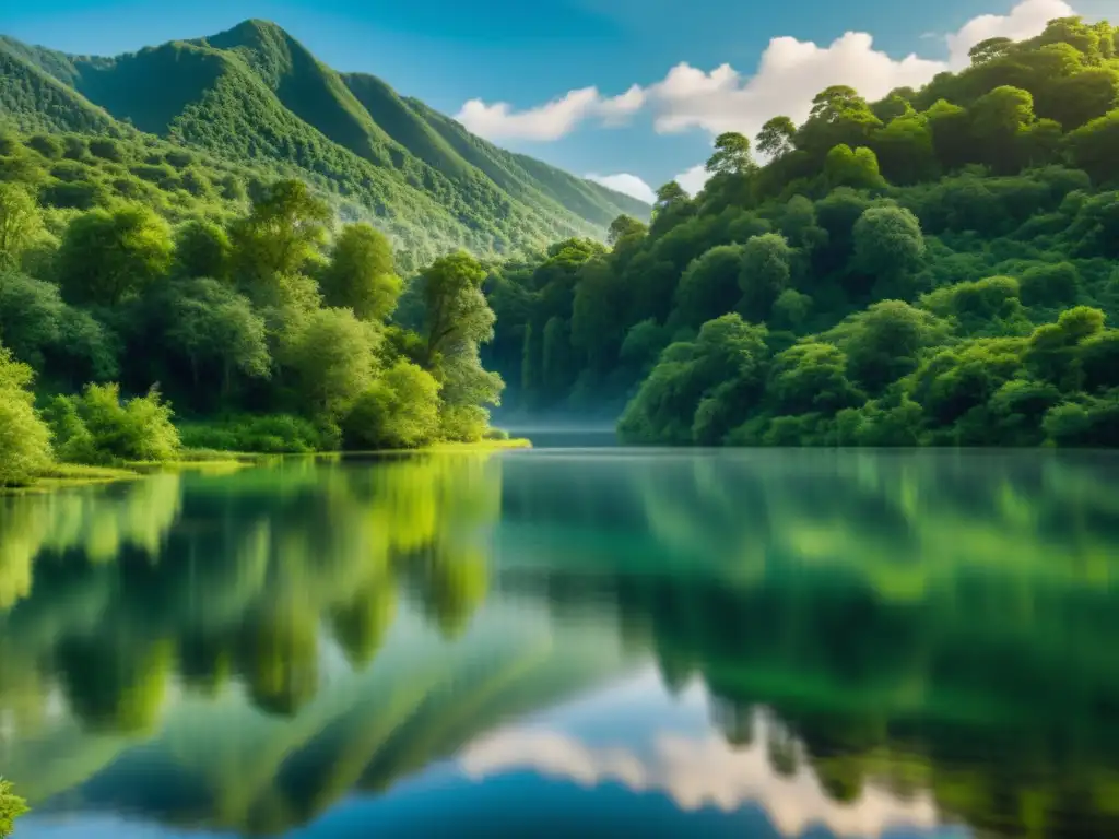 Un lago cristalino rodeado de exuberante vegetación, reflejando el cielo