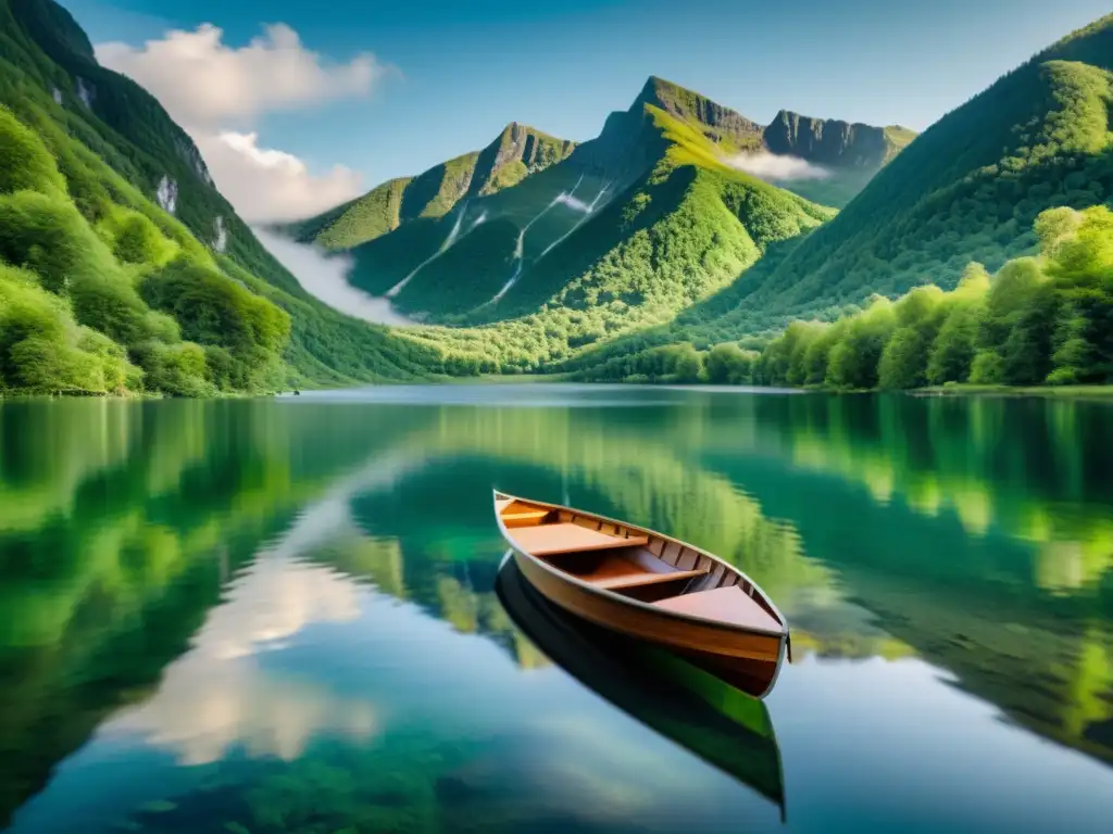 Un lago cristalino rodeado de montañas verdes, con un muelle de madera y un bote en la orilla