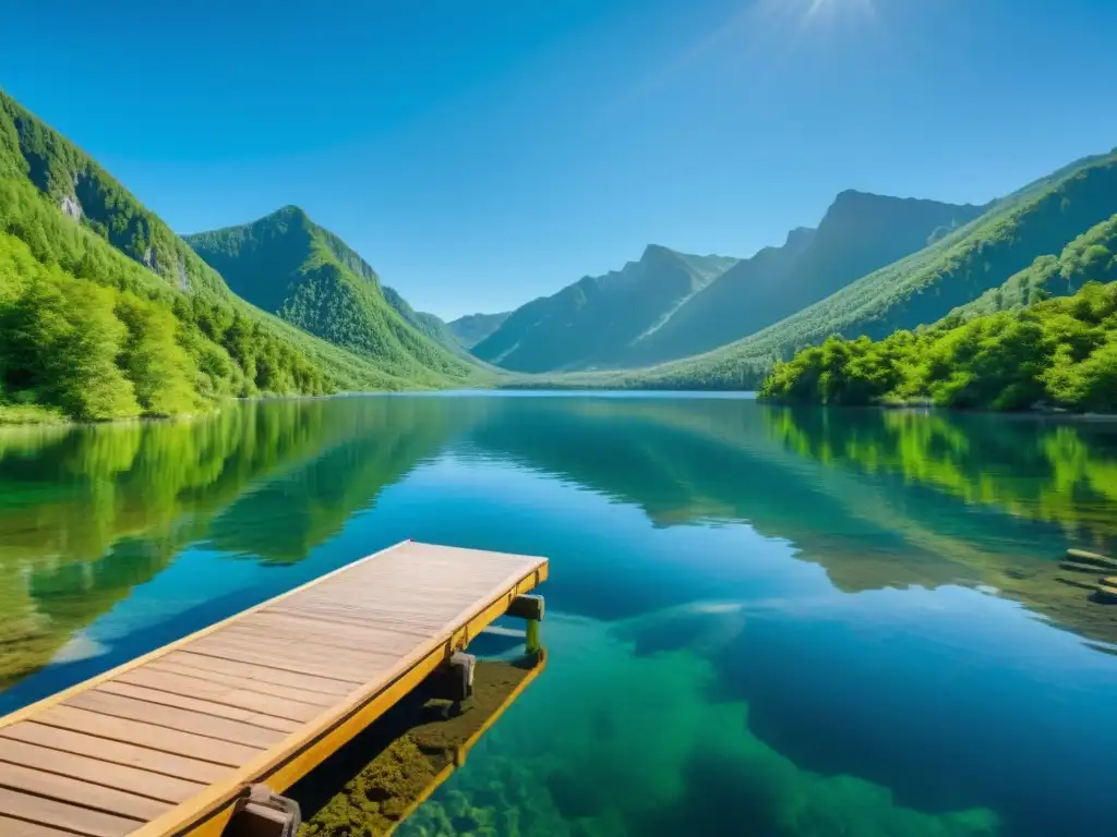 Un lago cristalino rodeado de montañas verdes, reflejando el cielo azul