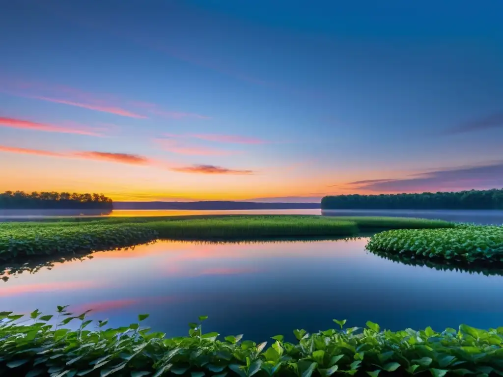 Un lago sereno reflejando el atardecer, rodeado de plantas acuáticas