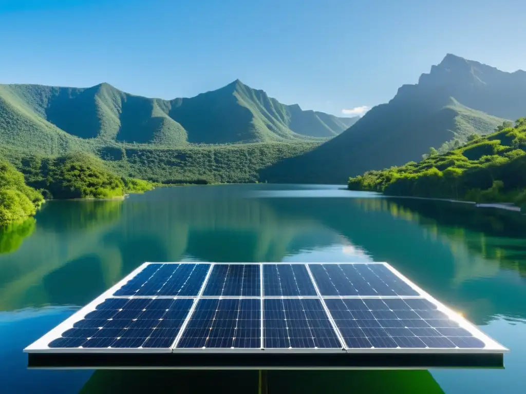 Un lago sereno reflejando el cielo azul, con paneles solares flotantes para masas de agua, rodeado de vegetación exuberante y montañas distantes