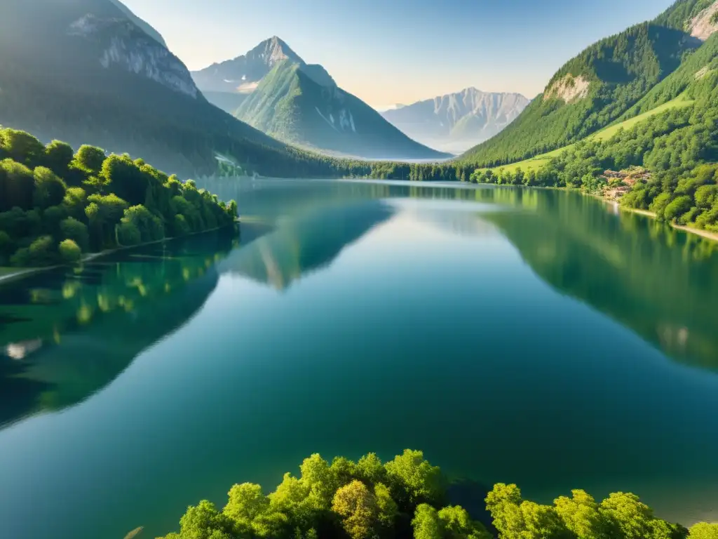 Un lago sereno rodeado de exuberante vegetación, reflejando las montañas y bañado por la luz dorada del sol