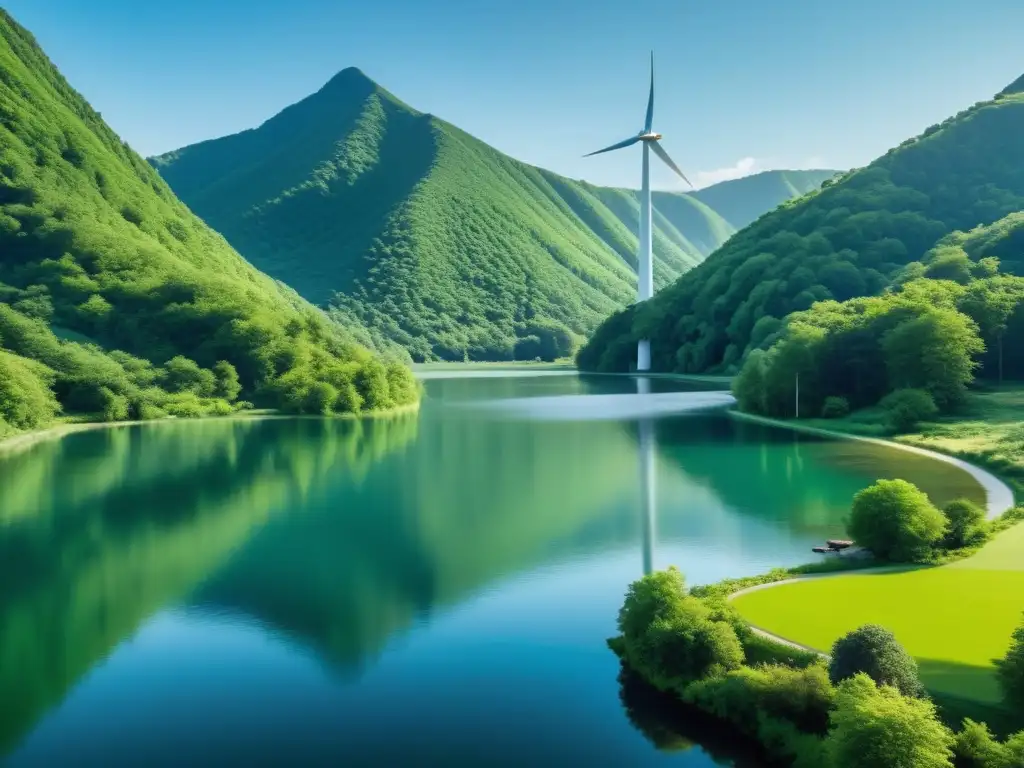 Un lago sereno rodeado de montañas verdes, con un gran aerogenerador en la distancia