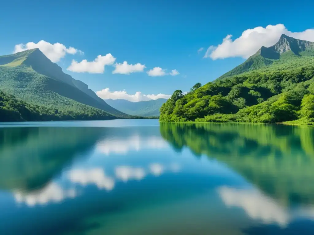 Un lago tranquilo rodeado de exuberante vegetación, reflejando un cielo azul y nubes esponjosas