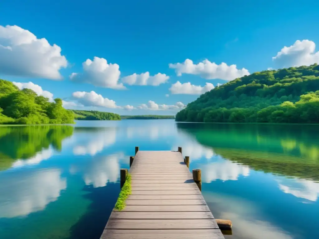 Un lago tranquilo rodeado de exuberante vegetación, reflejando un cielo azul