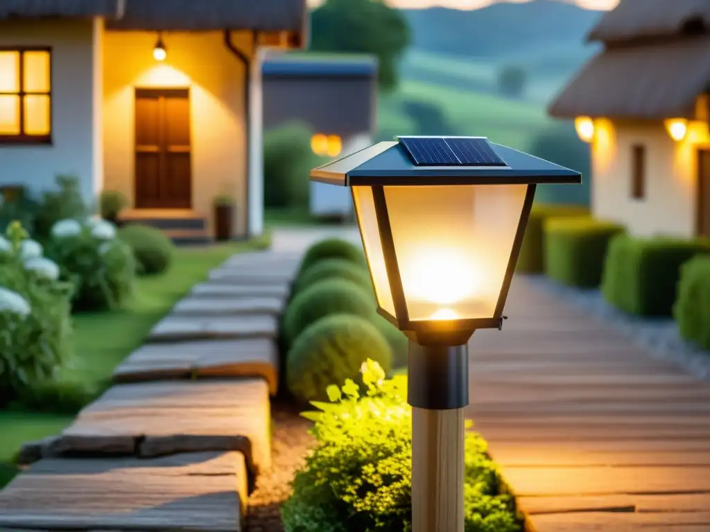 Una lámpara LED solar ilumina un encantador escenario rural, destacando la eficiente iluminación en zonas rurales