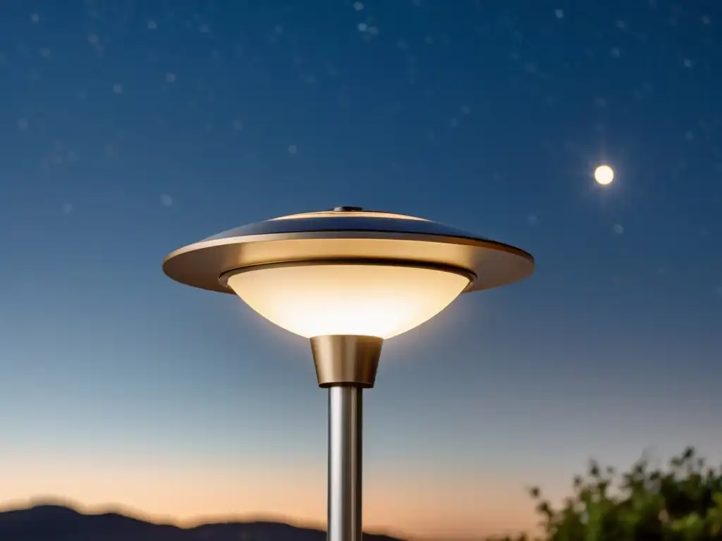 Una lámpara solar exterior de diseño moderno iluminando la noche con su cálido resplandor