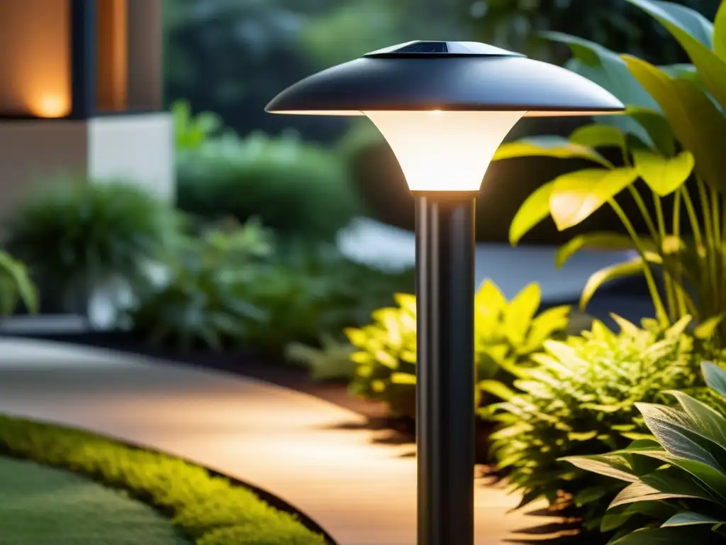 Una lámpara solar exterior moderna se destaca entre la exuberante vegetación, iluminando su entorno con un cálido resplandor LED