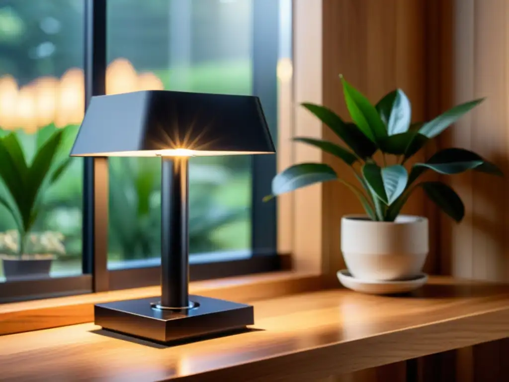 Una lámpara solar moderna y elegante en una mesa de madera, iluminada suavemente por la luz del sol