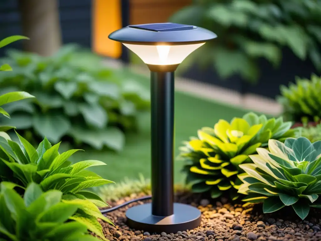 Lámpara solar sostenible para hogar, elegante y moderna, iluminando exuberante vegetación con su cálida luz LED