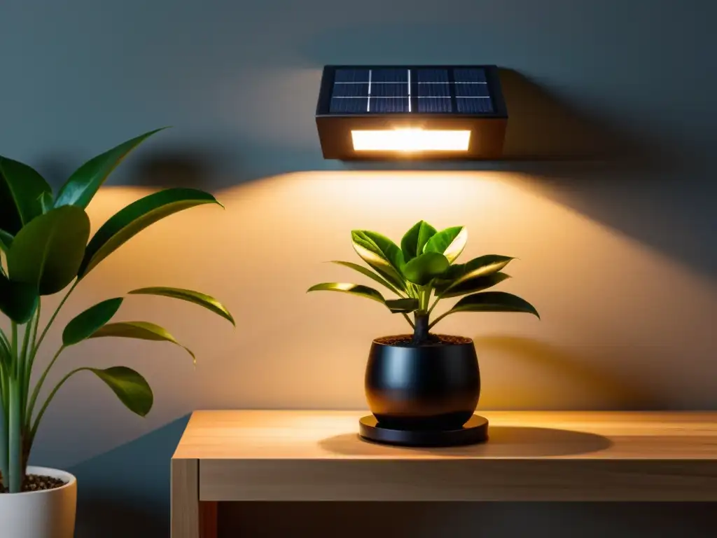 Una lámpara solar sostenible para hogar con diseño moderno y minimalista, iluminando una mesa de madera junto a una planta en maceta