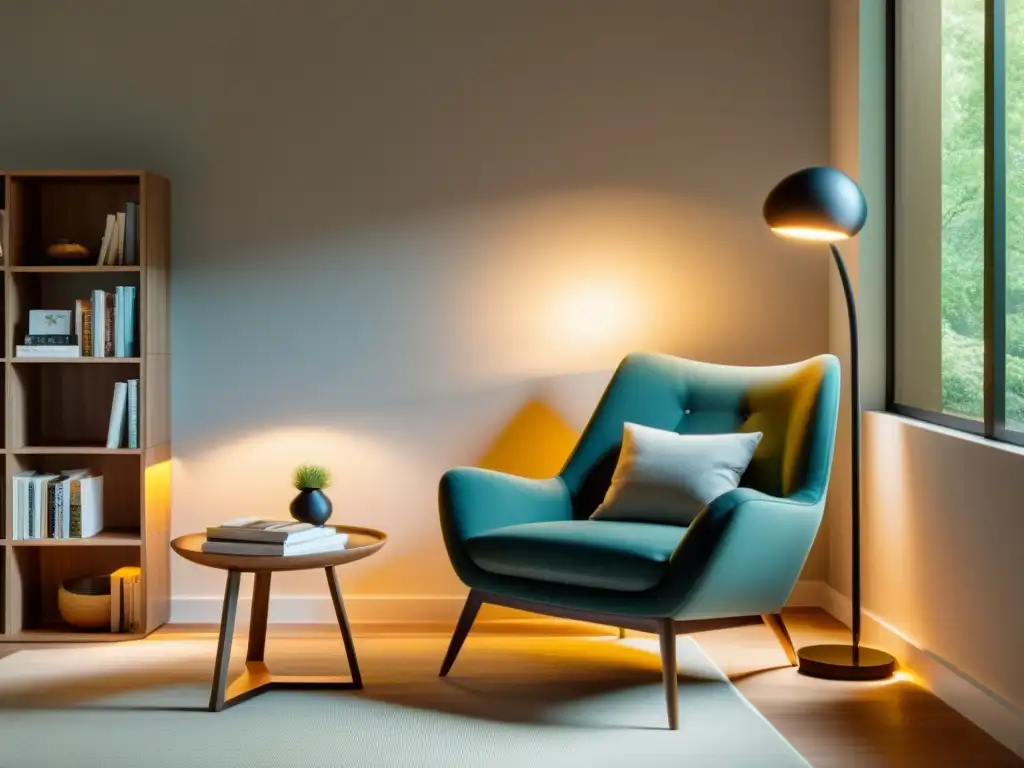 Una lámpara de suelo LED moderna en un salón luminoso, iluminando un acogedor rincón de lectura con estantería y sillón