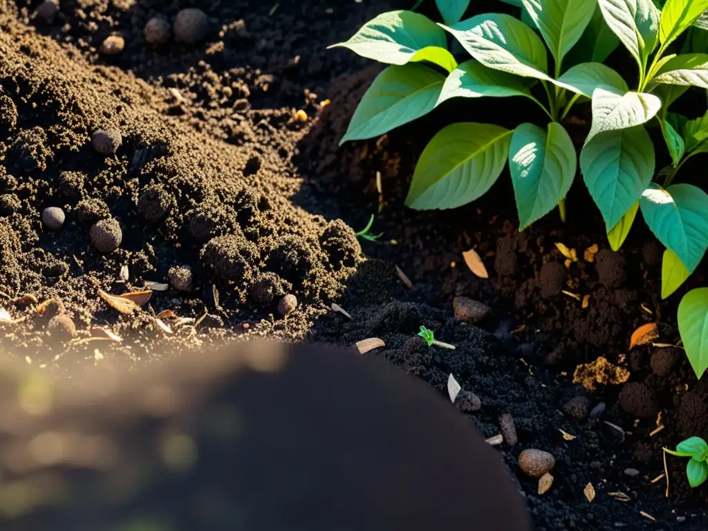 Un lecho de jardín vibrante y próspero con compost oscuro y rico