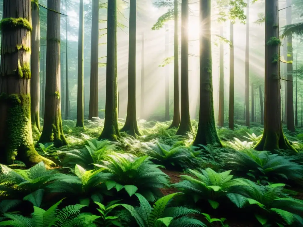 Formación de líderes en sostenibilidad energética: majestuoso bosque verde con árboles altos, luz solar filtrándose y exuberante follaje en el suelo